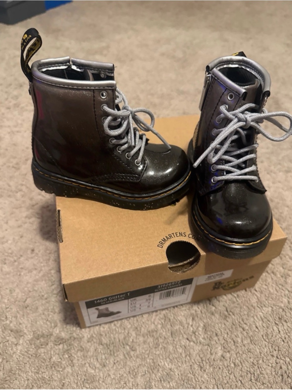 Dr. Martens Kids Black Patent Lace-Up Boots with Silver Laces